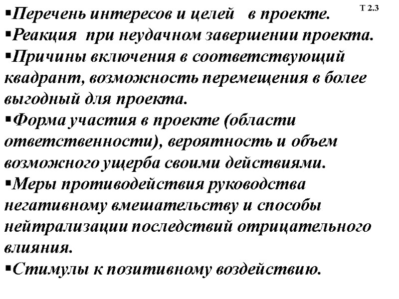 Перечень интересов и целей   в проекте. Реакция  при неудачном завершении проекта.